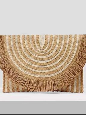Woven Fringe Straw Clutch - Natural